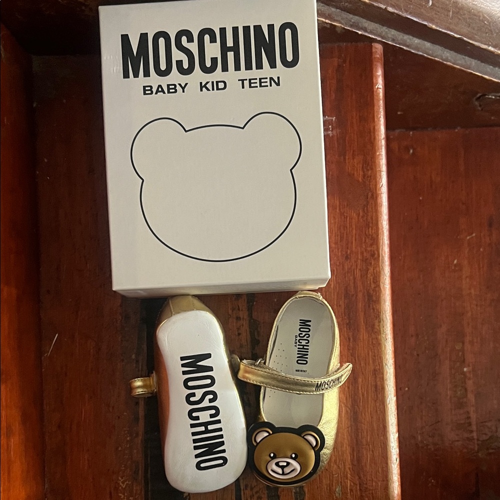 Moschino Gold Baby Mary Jane Shoes with Bear Face